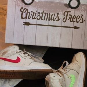 Nike Beige Sneakers with Pink and Green Swoosh